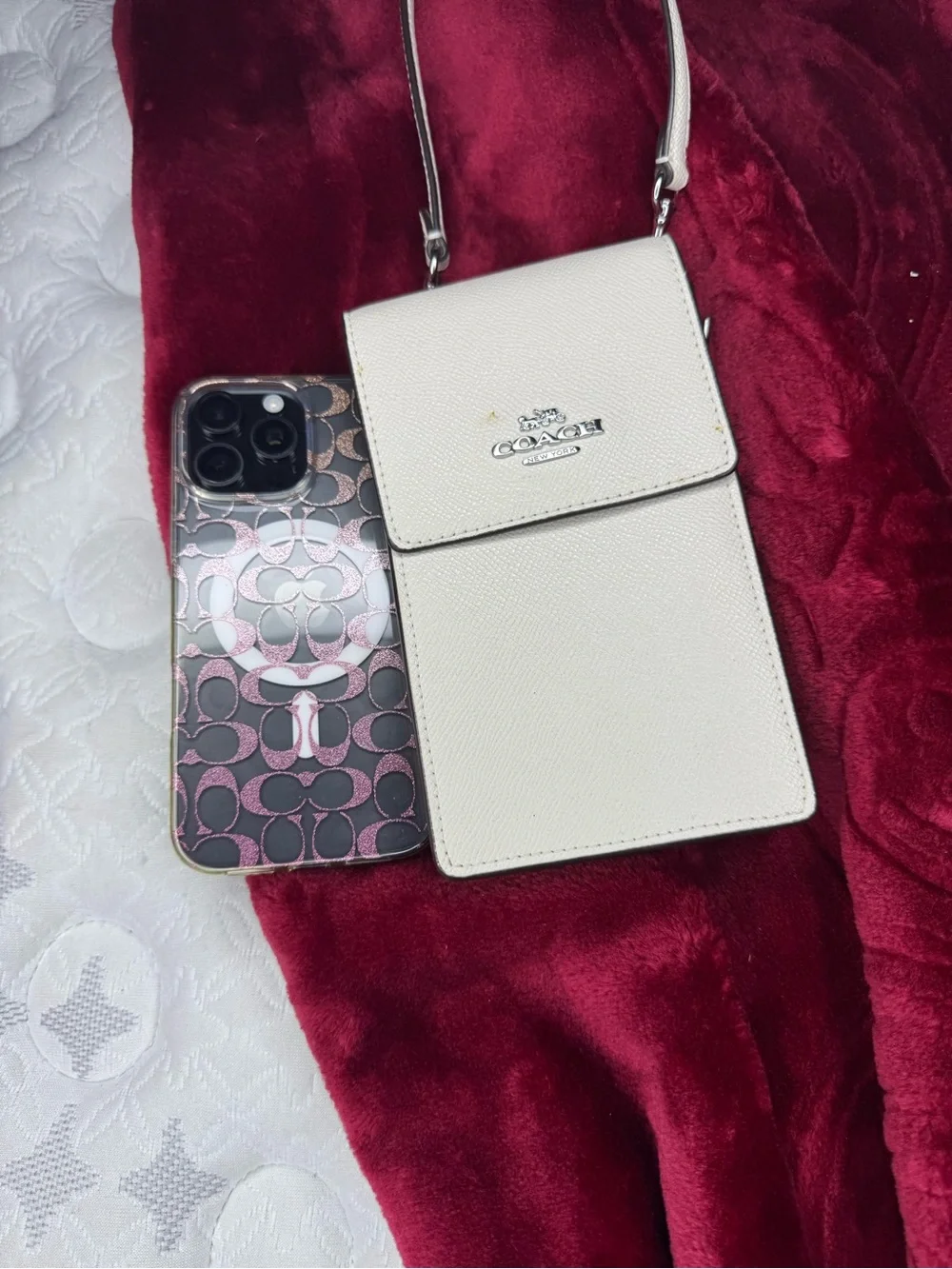 Coach White Leather Crossbody Phone Case with Adjustable Strap